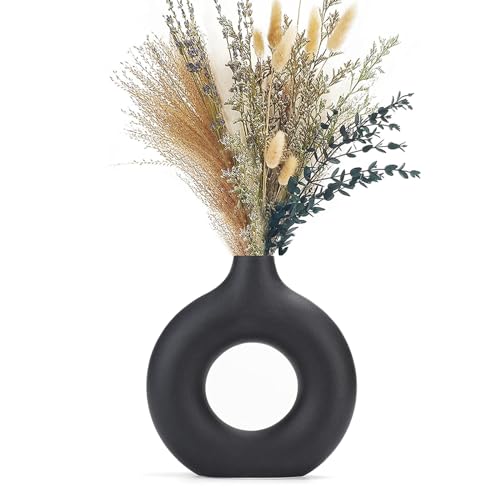 CEMABT Vase Für Pampasgras Blumen,Schwarz Keramik Donut Vase, Vase Schwarze matt, Blumen, Runde Form Modern Getrocknete Blumenvasen Für Wohnzimmer Büro Dekoration