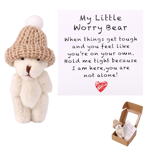 TOYMIS Kleiner Bär in Einer Schachtel mit Hut, Handgefertigter Positiver Mini Plüschbär mit Ermutigungskarte Inspirierendes Tierspielzeug als Geschenk für Familie Freunde und Kollegen (Weiß)