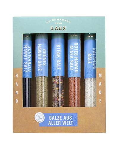 Laux Salze Aus Aller Welt Geschenkbox - 5 Gourmet Salz Gewürze - Hochwertiges Salat & Grill Zubehör - Ausgefallene Geschenke für Männer & Frauen