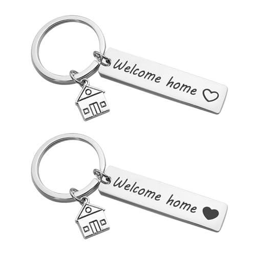 Sdhgerh 2 Stück Willkommen zu Hause Schlüsselanhänger Personalisiert Edelstahl Schlüsselanhänger Auto Schlüsselbund mit Häuschen und Herz-Muster 12.5x5 cm
