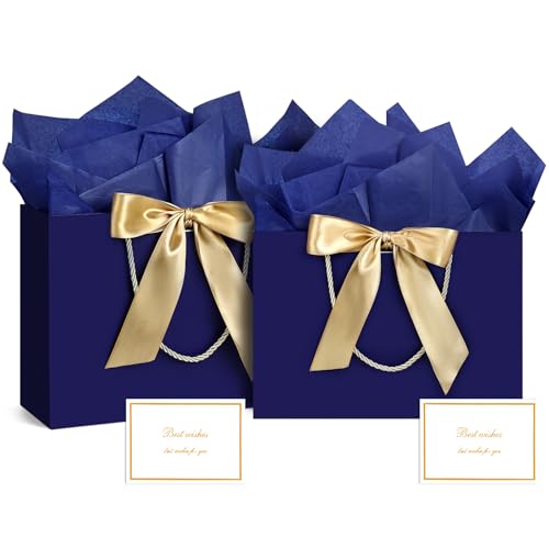 BBLIKE Geschenktüten 2 Stück Papiertüten mit Schleifenbändern + 2 Grußkarten + 4 Taschentüchern, Geschenktaschen mit Henkel Partytüten Bodenbeutel Kreuzbodenbeutel für Geburtstag Hochzeit Feier Party