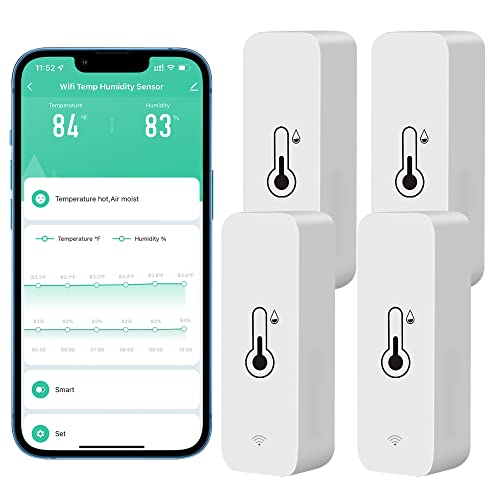 Comboss WiFi-Hygrometer Thermometer-Sensor, kabelloser Temperatur- und Feuchtigkeitssensor für den Innen- und Außenbereich mit Remote-App-Benachrichtigungsalarm, Arbeit mit der Tuya-App (4-Pack)