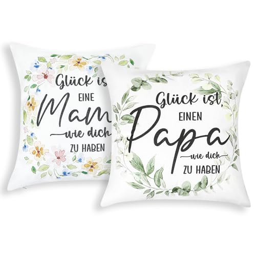 FIBORIA Mama & Papa Kissenbezüge 2er Set Geschenk Muttertag Vatertag Geburtstagsgeschenk für Eltern Mutter und Vater Muttertagsgeschenke Weihnachten Geschenkidee Design Deko