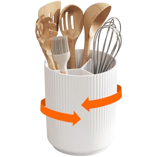 Lifewit Küchenutensilienhalter, Drehbar Behälter für Küchenutensilien, 15 x 19 cm Utensilienhalter mit abnehmbarem Fachtrenner, Besteckkorb mit Abflusslöchern und Rutschfesten Boden für Tisch, Weiß