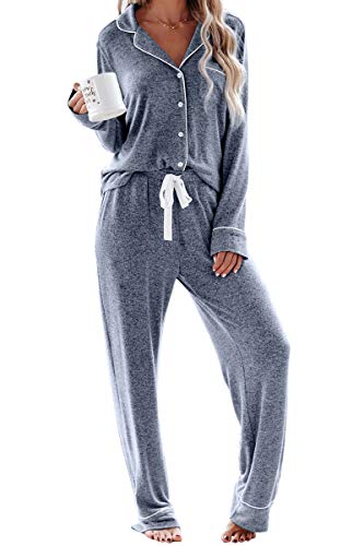 Aamikast Schlafanzug Damen Lang Pyjama Sets mit Knopfleiste Zweiteiliger Nachtwäsche Hausanzug(L,blau)