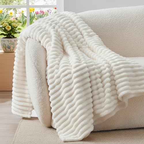 BEDELITE Kuscheldecke Flauschig Decke Klein - weiche Flanell Decken Elfenbein Weiß 125x150 für Sofa, Deko Streifen Cord Fleecedecke Weiss als Sofaüberwurf für Wohnzimmer, Throw Blanket Wide Use