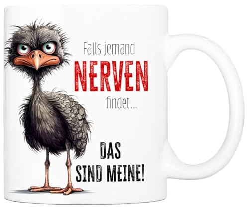 Cadouri Tasse mit Spruch Falls jemand Nerven findet Kaffeetasse Büro Arbeit, Geschenk, Keramik, Kaffeebecher, Geschenkidee Arbeitskollege, lustig, Humor, 330 ml