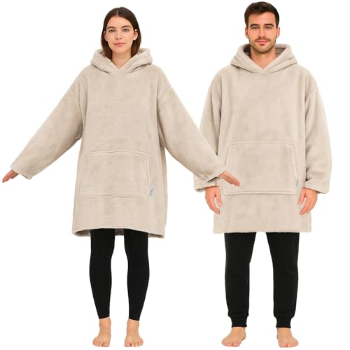 CalmyLIFE Hoodie Decke mit Ärmeln - Plüsch Sherpa Deckenpullover Oversize Kuscheldecke zum anziehen Kuschelpullover für Damen Herren XXL Poncho Blanket Pullover (Beige)