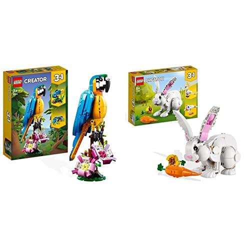 LEGO 31136 Creator 3in1 Exotischer Papagei, Frosch und Fisch Dschungel-Tier-Figuren Bauspielzeug & 31133 Creator 3in1 Weißer Hase Tierspielzeug Set mit Hasen-