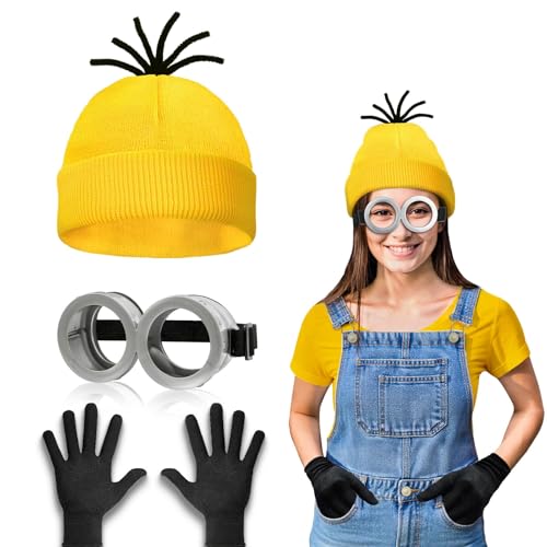 WEARXI Karneval Kostüm Damen, 3/4/6PC Gelbes Kleidung Set, Kostüm Damen Fasching Erwachsene Karnevalskostüm für Party Cosplay für Herren Kinder, Mütze Brille Hosenträger Handschuhe