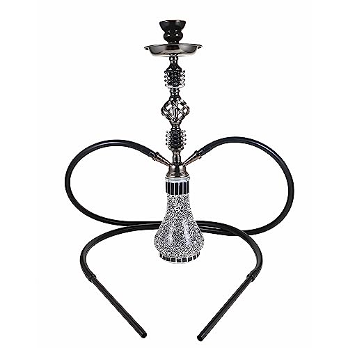 RMAN Shisha Set Wasserpfeife Hookah Komplett 2 Schläuche Shisha mit Glasvase Schornsteinköpfe Zange Mundstück Schwarz