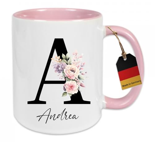 HD PRINT4YOU Personalisierte Tasse - Namens-Tasse mit Blumen Motiv - mit Ihrem Anfangsbuchstaben Tasse personalisiert - Geburtstag - Muttertag - beidseitig bedruckt - Geschenke für Frauen