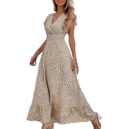 BSLVWG Damen Maxi Kleid Rüschen Blütenblatt Kurzarm V-Ausschnitt Floral Flowy Sommer Strand Urlaub Sundress Casual Langes Kleid (DE/NL/SE/PL, Alphanumerisch, S, Regular, Regular, Khaki)