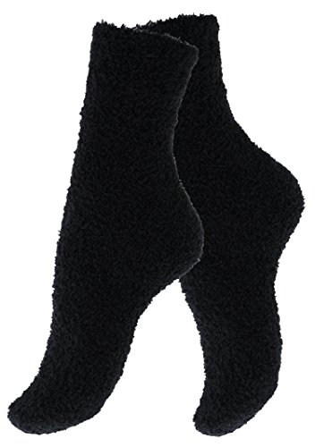 2 oder 4 Paar flauschige Kuschelsocken, Dicke warme Socken in verschiedenen Trendfarben, Schwarz 4 Paar, One Size (36-41)