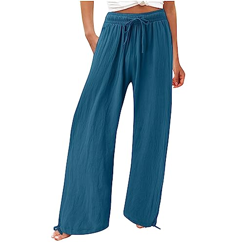Musselin Damen Hose Elegant Leicht Casual Jogginghose Lange Locker Sommerhose Weites Bein Hosen Einfarbig Leinenhose Bequeme Stoffhose Hohe Taille Strandhose mit Taschen Freizeithose