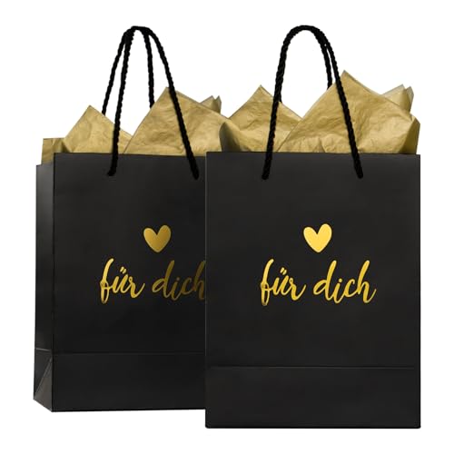 COLOFALLA 2 Stück Geschenktüten Schwarz Für Dich 23x18x10 cm Geschenktüte mit Henkel Geschenktüten Schwarz Geschenktüte Geburtstag mit Geschenktaschen mit Henkel Sydney Papier