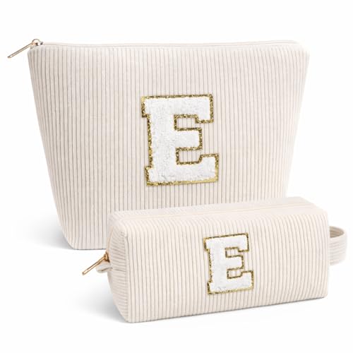 Giftota 2 Stück Personalisierte Kosmetiktasche Damen Cord Schminktasche, A–Z Make up Tasche mit Buchstaben, Kulturtasche für Reisen, Geschenk für Frauen Mädchen, Geburtstagsgeschenk für Frauen Mama E