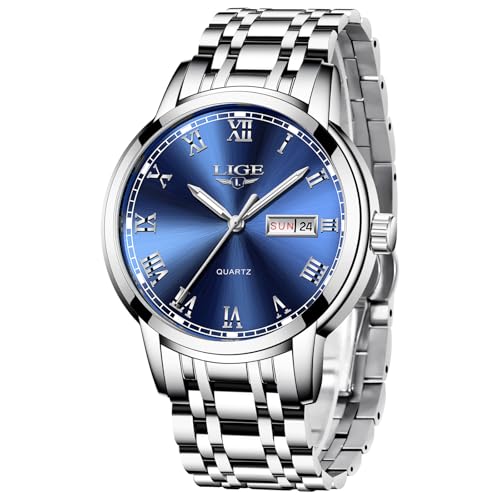 LIGE Armbanduhr Herren Silbrig, Herrenuhr Quarz-Analoguhr, Uhr Herren mit Kalender, Schwarz Edelstahlarmband 3ATM Wasserdicht, Leuchtzeiger-Display, Schöne Geschenke, Business Outdoor Erholung