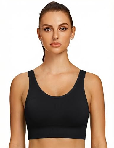Leversic Sport-BH Damen Breite Verstellbare Träger Sports Bra Push-Up Hoher Halt Ohne Bügel Ideal für Laufen Fitness Training Schwarz L