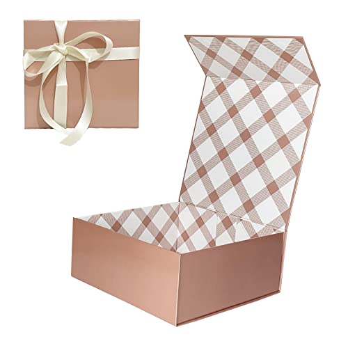 Tekhoho Roségold Geschenkbox 21,5x21,5x9cm, Premium Geschenkbox mit Magnetdeckel und Schleife für Feiertage Hochzeit Geburtstag Geschenkverpackung, Kariertes Futter