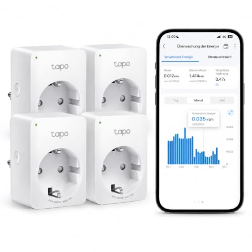 Tapo TP-Link Smart WLAN Steckdose P110 mit Energieverbrauchsmesser, Smart Home Alexa Steckdose, funktioniert mit Alexa, Google Home, Sprachsteuerung, Fernzugriff, Mini, 4 Pack