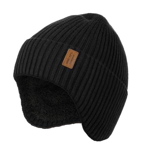 Wmcaps Wintermütze Herren Fleece Gepolsterte Strickmütze mit Ohrenschützern, Bequeme Weiche Winddichte Warme Mütze für Outdoor-Aktivitäten Kaltes Wetter Geschenk für Männer Frauen, Schwarz
