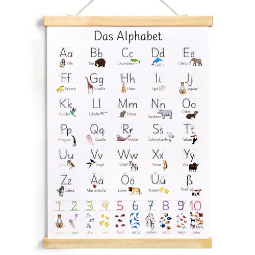 ABC Poster für Kinder 30x40 cm Lernposter Schreiben Lernen Alphabet Zahlen Poster Buchstaben Grundschrift Geschenk zur Wanddeko Kinderzimmer für Einschulung Kindergarten Grundschule Vorschule