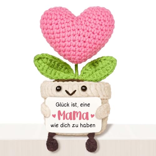 Giftasy Geschenke für Mama - Handgemachte Gehäkelte Herzblume mit Energiekarte, Geschenk Mama Geburtstag, Muttertag Muttertagsgeschenke Geburtstagsgeschenk Weihnachten