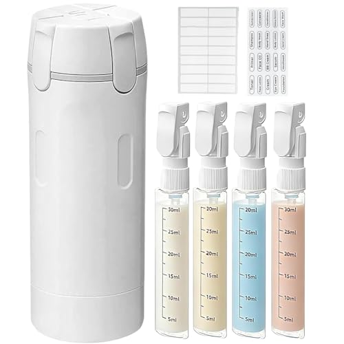 4 in 1 Reiseflaschen zum Befüllen, 4 in 1 Reisespender, Reiseflaschen für Toilettenartikel, Mini-Shampoo-Spender mit Skala und Etikett, Tragbare Behälter für Shampoo, Lotion, Conditioner (Weiß)