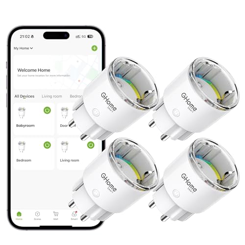GHome Smart WLAN Steckdose, Kleinste Smart Home Steckdose mit Strommessung, App- und Sprachsteuerung, Funktioniert mit Alexa/Google Home, Zeitplan,TÜV-Zertifiziert, 10A, 4er Pack, Nur 2,4GHz WiFi