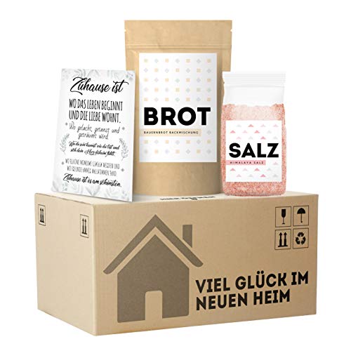MeerBach & Rose, Einweihungsgeschenk für Wohnung und Haus, originelles Brot und Salz Geschenk zum Einzug im mini Umzugskarton, tolles Einzugsgeschenk