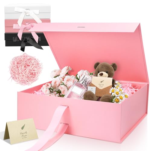 Rosa Luxus Große Magnet-Geschenkbox, 32,5 * 23 * 10,5cm mit Band, Papier& Grußkarte Party Favor Box für Hochzeit, Geburtstag & Muttertag