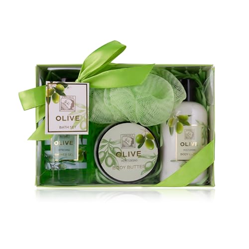 Accentra – Duschset Frauen Geschenkset OLIVE in schöner Geschenkbox – 4-teiliges Pflegeset mit Duschgel, Bodylotion, Körperbutter und Netzschwamm – Wellness Geschenk Set zum Geburtstag