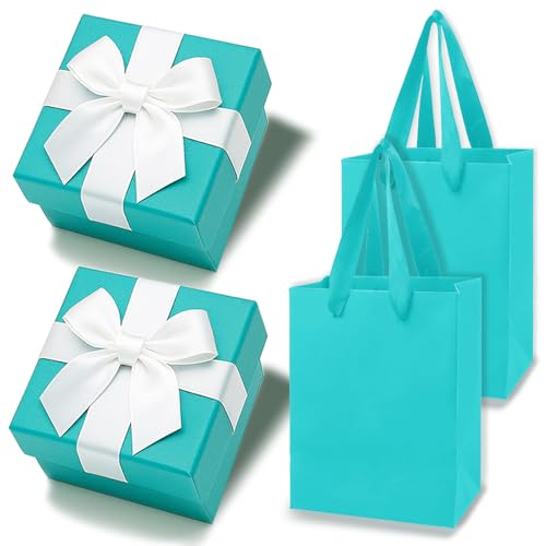 2 Stück Klein Geschenkbox mit Schleife, 7,5x7,5x3,5cm Geschenkkarton, Geschenkbox mit Deckel, mit 2 Geschenktüte für Ostern, Weihnachten, Hochzeit, Geburtstag, Hellblau