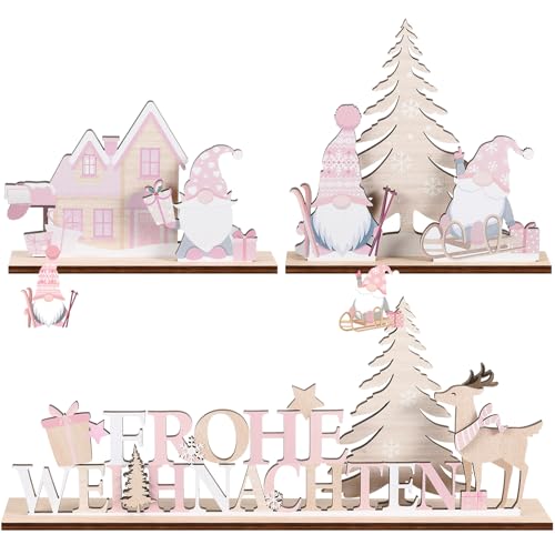 Jetec 3 Stück Deko Aufsteller aus Holz Rosa Weihnachtsdeko Innen Frohe Weihnachten Schriftzug Schild Weihnachten Tisch Dekoration Aufsteller zum Hinstellen für Weihnachten(Weihnachtswichtel)