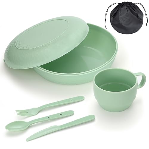 Homquen 6Stück Camping Utensilien-Set mit Schüsseln, Teller, Tassen, Löffel, Gabeln, Messer und Handtasche, Kunststoff-Camping-Zubehör, Reisen, Camping, Picknick, Outdoor Essentials, Einfach zu Tragen
