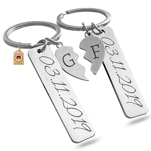 Goldory Schlüsselanhänger Partner personalisiert 2er Set | Anhänger mit Gravur Datum und Namen | Geschenk Freund Freundin graviert für Jahrestag Valentinstag Geburtstag | Edelstahl