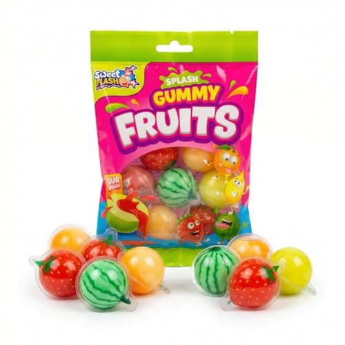 Splash Gummy Fruits Sour Splash 108g – Fruchtgummi mit flüssigem Kern – Saure Gummibonbons mit Liquid Filling – Bunte Fruchtgummi Kugeln einzeln verpackt – Süßigkeiten Mix zum Teilen & Naschen