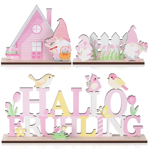 Namalu 3er Set Frühling Deko Aufsteller Dekorativer Aufsteller für Frühjahr mit Schriftzug zum Hinstellen Hallo Frühling Vögeln Zwergen Tulpen Mustern Frühlingsdeko aus Holz für Osterdeko Tischdeko