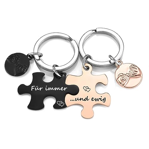 Zysta Pärchen Schlüsselanhänger Partnergeschenke 2pcs Schwarz Rosegold Puzzle Anhänger mit Gravur “Für immer und ewig” Paar Keychain für Pärchen Geschenk (Für Immer, und Ewig)