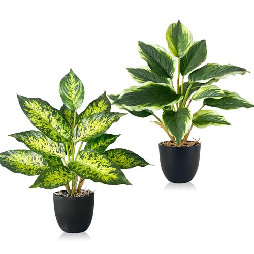 SHEPIN 2 Stück Kunstpflanze Wie Echt, Künstliche Pflanzen im Topf Zimmerpflanzen, 37cm Kunstpflanzen Dekopflanze Fake Plant Plastik Pflanze für Badezimmer Büro Küche Badezimmer Dekoration (A)