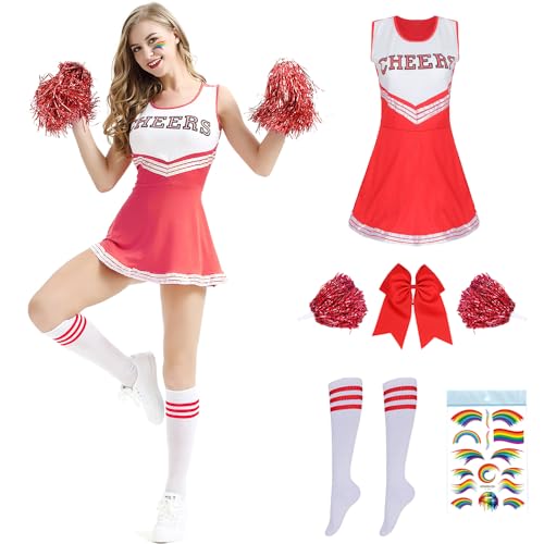 Cheerleader Kostüm Damen für Erwachsene,Cheerleading outfit,Cheerleadering Outfit,High school musical cheerleader kostüm,Cheerleader Pompoms für Verkleidung Karneval Party Cosplay Fasching Halloween