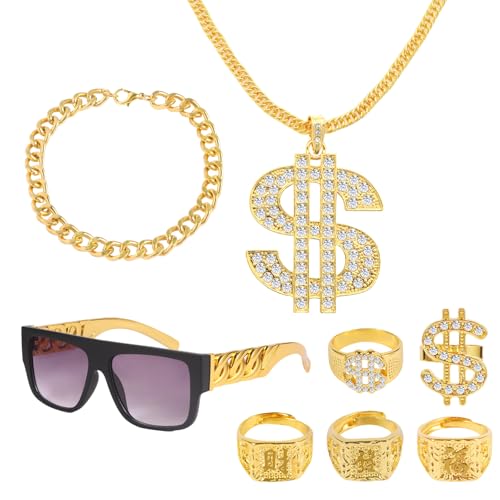 9 Stück Zuhälter Kostüm, Hip Hop Rapper Set - Goldkette mit Dollar, Dollar Ringe, Sonnenbrille, Armband, Spielzeugfinger | 80er 90er Jahre Gangster Gang Outfit Herren für Karneval, Mottoparty (A)