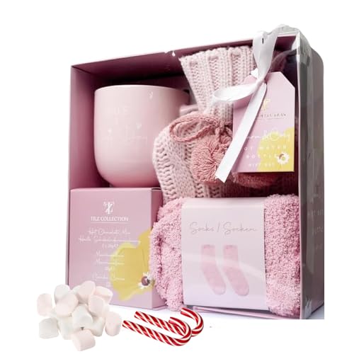 Geschenkset für heiße Schokolade mit Tasse, Marshmallows, Mini-Geschenksets für Winter-Wärmflaschen, Socken und Zuckerstange, Geschenkset für Wärmflaschen, Geschenke für Männer, Geschenke für Frauen