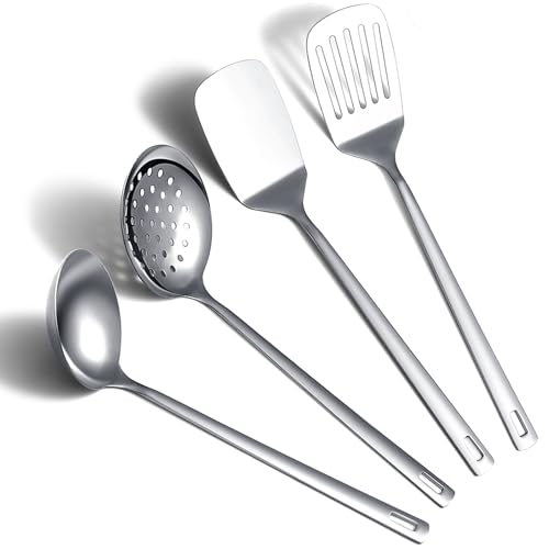 ReaNea Edelstahl-Küchenutensilien-Set 4-teilig: Fleischspatel-Set, Schaumlöffel, Schöpfkelle, Wok-Utensil für neues Haus und Wohnung