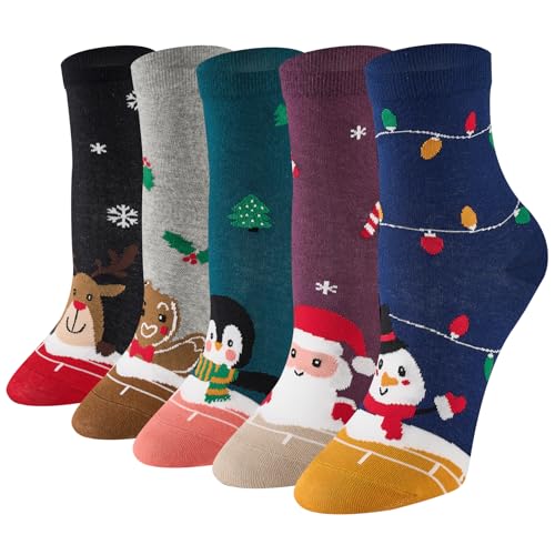 Niorasen Bunte Lustige Socken Damen aus Baumwolle 5/10 Paar, Neuheit Weihnachtssocken Katzensocken Motivsocken, Witzige Coole Süße Karikatur Tier Motiv Socken Geschenk für Frauen, Xmas