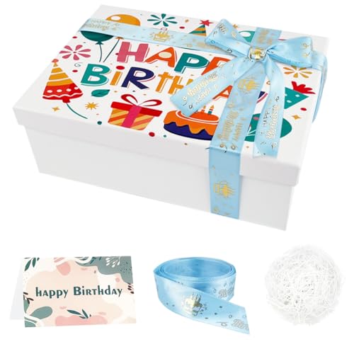 Geschenkbox Mit Deckel Geburtstag Kinder, Happy Birthday Geschenkboxen Mit Deckel, Gift Box Empty 25 x 18 x 8,5cm Geschenke Box Leer, Geschenkbox Weiß mit Schleife, Grußkarte, Geschreddertes Papier