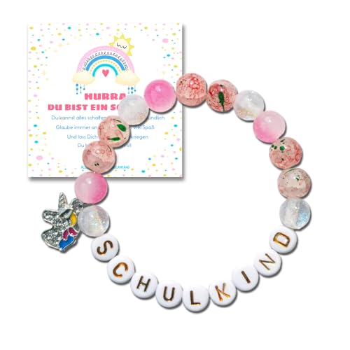 ENSTAB Einschulung Geschenk Mädchen Armband Schulanfang Mädchen Geschenk Schulkind Armband Karte mit Geschenkbox (Rosa C)