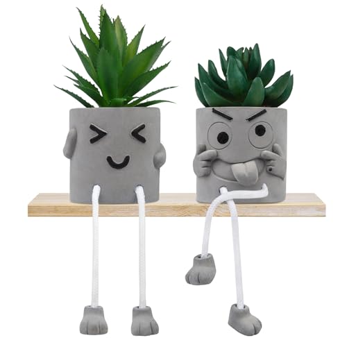 Woltoy 2 Stück Lustig Kunstpflanze Deko, Künstliche Pflanzen mit Zement Topf, Mini Kunstpflanzen Set, Plastik Sukkulenten Pflanz Schlafzimmer Badezimmer Tischdeko Büro Balkon Dekoration