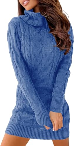 Ebifin Strickkleid Damen Rollkragen Strickpullover Elegant Jumper Kleid Pullikleid Winterkleid Stretch Sweater Dress.Blau.M